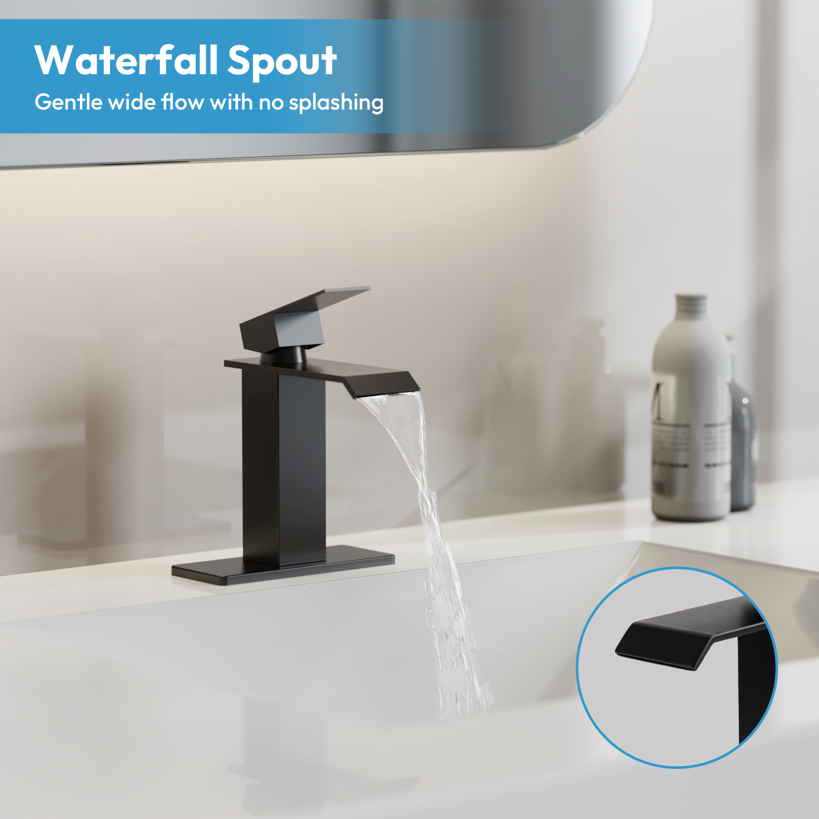 Besdor Waterfall Bathroom Faucet Single Hole 304 Stainless Steel Matte Black